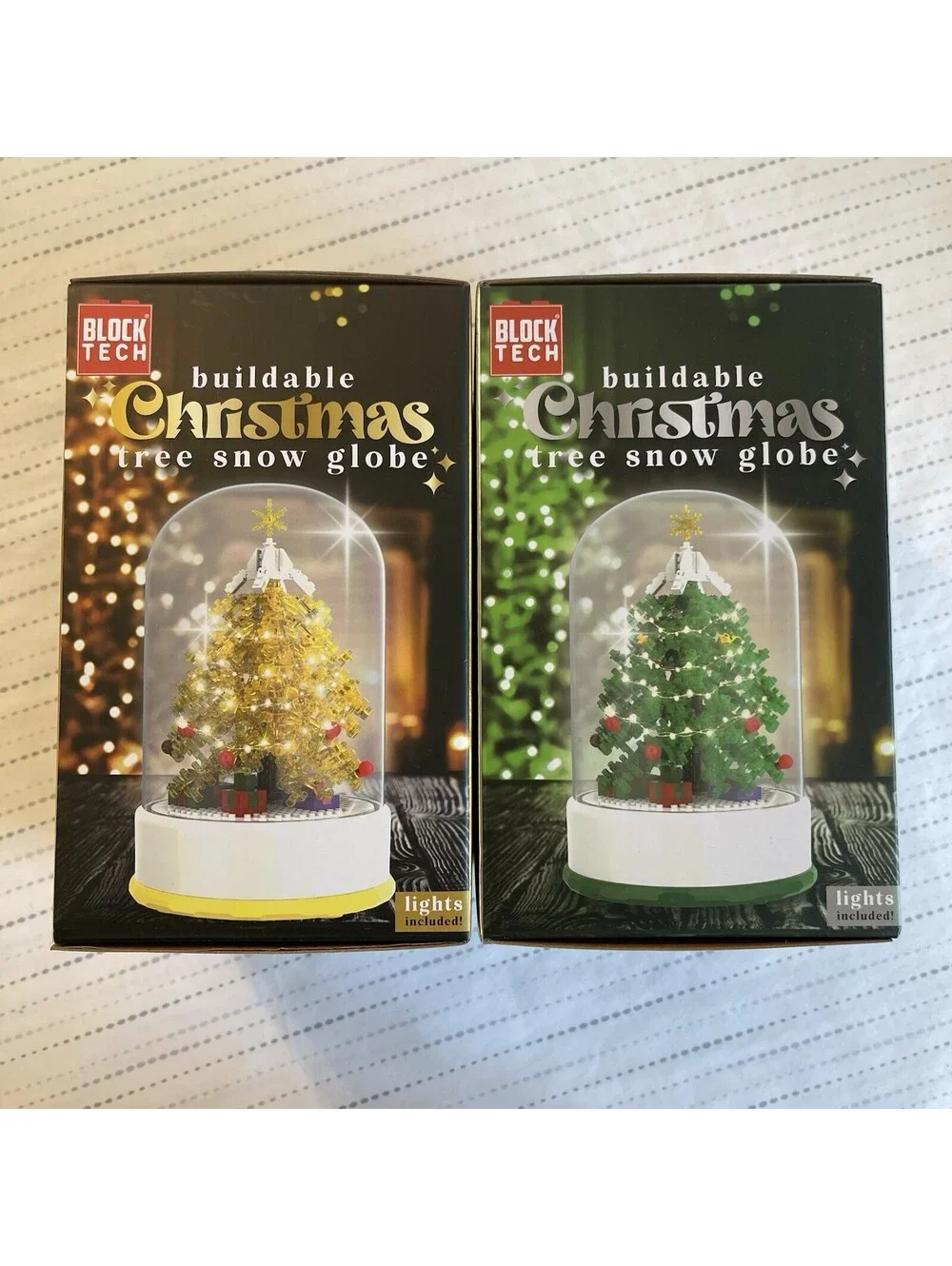 GOLD & GREEN CHRISTMAS TREE SNOW GLOBE BlockTech LED Lighted Brick Set RMS